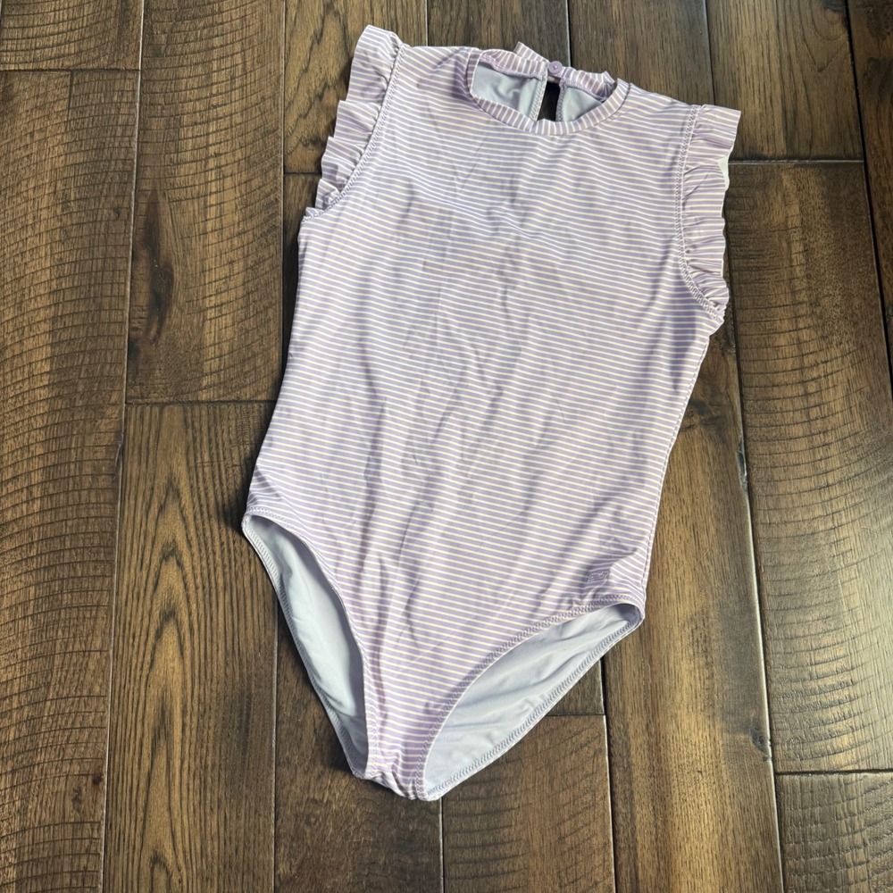 Vineyard Vines Girls Purple Striped Ruffle One Piece Swimsuit High Neck Tie Back